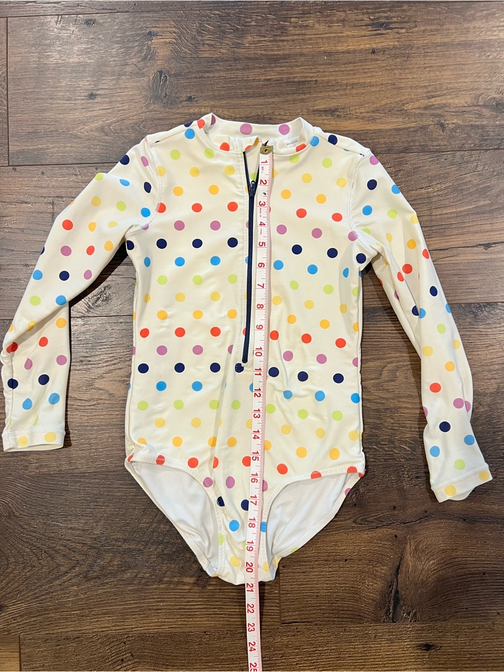 Primary Girls Long Sleeve Swimsuit in White with Pink Polka Dots